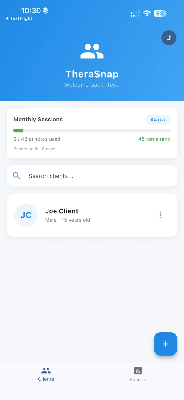 TheraSnap home — client list and monthly note count